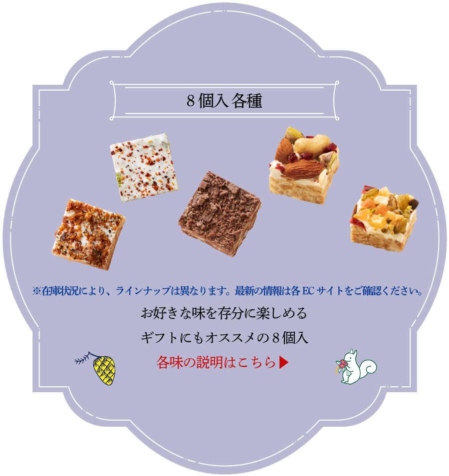 8個入各種クリックすると各味の説明ページが開きます。